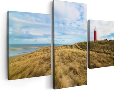 Artaza Canvas Schilderij Drieluik Vuurtoren met Duinen in Texel - 90x60 - Foto Op Canvas - Canvas Print