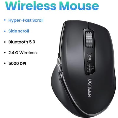 UGREEN draadloze Bluetooth dual-mode muis, lichte toon kantoor muis voor grote hand, dubbel wiel ergonomisch elektromagnetisch wiel+zijwiel zwart