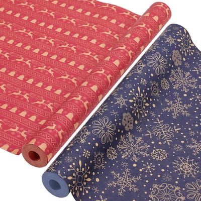 2 Rollen Kerst Inpakpapier Kraft - Blauw Rendier - 43cm x 15m - Recyclebaar Cadeaupapier