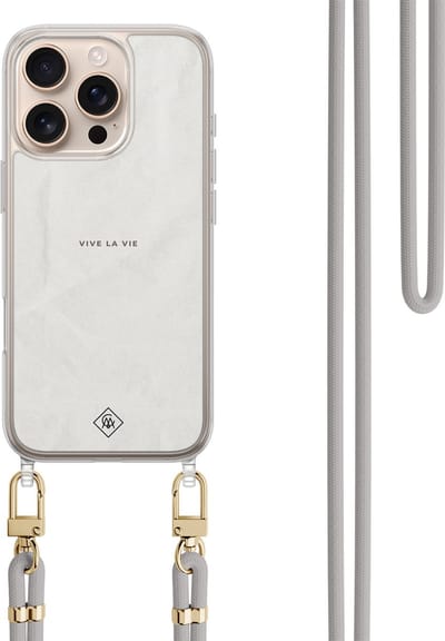 Casimoda® hoesje met koord - Geschikt voor iPhone 16 Pro Max - Vive La Vie - Afneembaar koord - TPU/polycarbonaat - Grijs