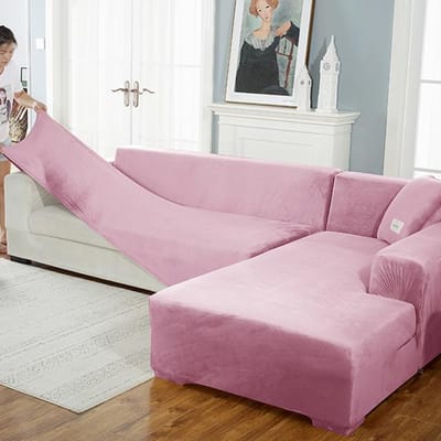 Fluwelen bankhoes Luxe L-vorm banken hoes effen kleur hoekbankhoezen fauteuil anti-stof elastische hoes huisdiervriendelijk 2seater 140-185cm roze