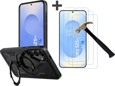 Hoesje Geschikt voor Samsung Galaxy S25 Plus met 3 Stuks gehard glas Screenprotectors - Armor hoes met Ringhouder - Arara backcover - Zwart