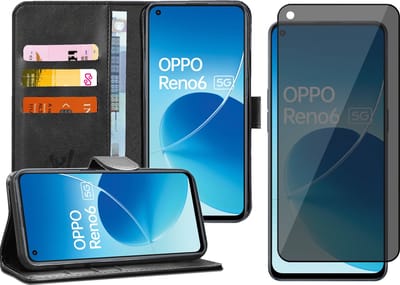 Hoesje geschikt voor Oppo Reno 6 - Privacy Screenprotector Volledig Dekkend Glas - Portemonnee Book Case Zwart