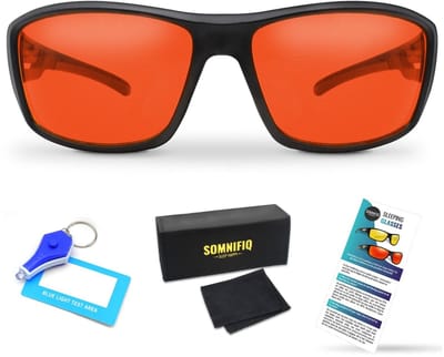 Somnifiq Slaapbril – Blauw Licht Filter Bril met Rode Glazen – Beeldschermbril zonder Sterkte - Blue Light Glasses - Computerbril – Wraparound - Filtert tot 98% Blauw Licht