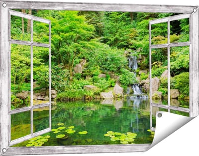 Gards Tuinposter Doorkijk Panorama van Japanse Tuin - 90x60 cm - Tuindoek - Tuindecoratie - Wanddecoratie buiten - Tuinschilderij