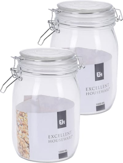 3x stuks opslagpotten/weckpotten van glas met klem beugel deksel en afsluitring met inhoud 1000 ML - Voedsel inmaken/bewaren