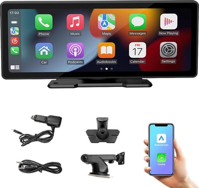 10,3'' HD IPS draagbare automonitor met Android Auto en draadloze Apple CarPlay, Bluetooth FM-zender, 7V-32V compatibel met vrachtwagens en bestelwagens