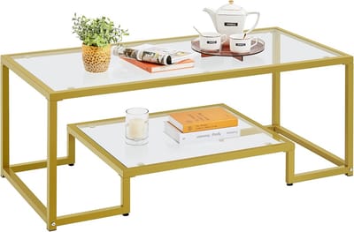 Salontafel met open planken van gehard glas en metalen frame – Multifunctionele bijzettafel voor woonkamer en balkon