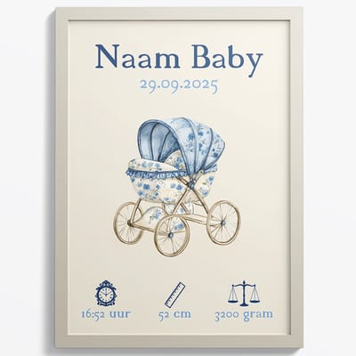 Baby / Geboorte poster - Blauw Kinderwagen - Met Naam, Geboortedatum, Gewicht, Lengte en Tijd - A2+ Formaat 43,2 x 61 cm - Gepersonaliseerde Baby posters
