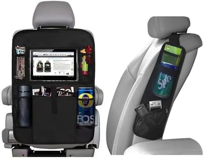 Famanu - Auto-organizer, 2 stuks, achterbank-organizer en autostoel-zijorganizer, zwart, veel vakken met tabletvak, rugleuningbescherming voor de meeste auto's