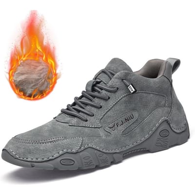 Heren Leer Winter Warm Fleece Gevoerde Katoenen Schoenen Casual Verdikkende Sneeuw Enkellaarsjes High-Top Schoenen 46 gray