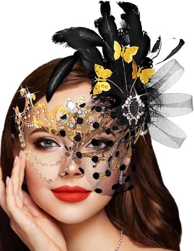 Vederachtige gouden masker voor vrouwen - Venetiaans balmasker voor carnaval en feesten, met metalen oogmasker voor dames en meisjes