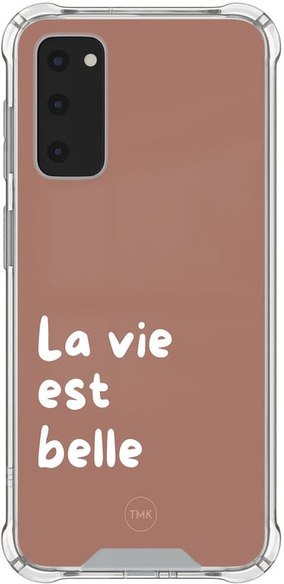 Shockproof hoesje geschikt voor Samsung Galaxy S20 FE - La vie est belle - Schokbestendig - Verhoogde randen - TPU case - Extra Sterke Back Cover - Tekst - Transparant, Bruin