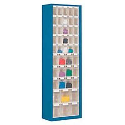 Opbergkast, inhoud 333 l, 43 uitneembare kantelbakjes met verzonken greep, B 665 x D 250 x H 2000 mm, gentiaanblauw/transparant