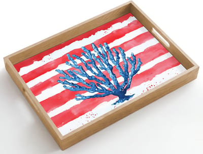 Dienblad hout 50x35 cm - Schootdienblad - Koraal - Verfstructuur - Rood - Blauw - Borrelplank rechthoek - Plateau dienbladen