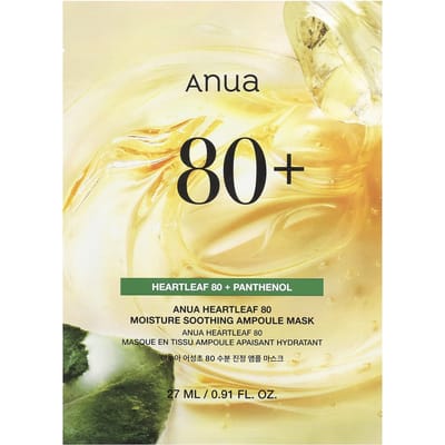 Masque Visage Beauté Ampoule Apaisante Hydratante Feuille de Cœur Anua 80, 1 feuille, 27 ml (0,91 fl oz)