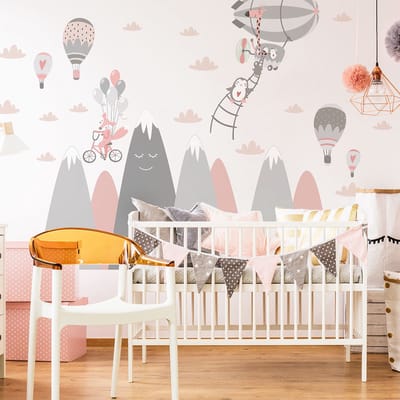 Kinderstickers met Scandinavische bergen en grappige dieren, 110 x 165 cm