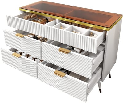 Ladekast met 6 lades - dressoir van amber glas - vakverdeler - kantelbestendige - 120 x 40 x 76 cm - wit