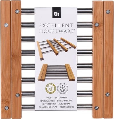 Excellent Houseware Panonderzetter - Set van 3x stuks - uitschuifbaar - 21 x 22 cm - bamboe en rvs - verstelbara