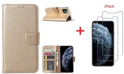 Hoesje Geschikt voor iPhone 11 Pro Portemonnee hoesje + 2X Screenprotector - Goud