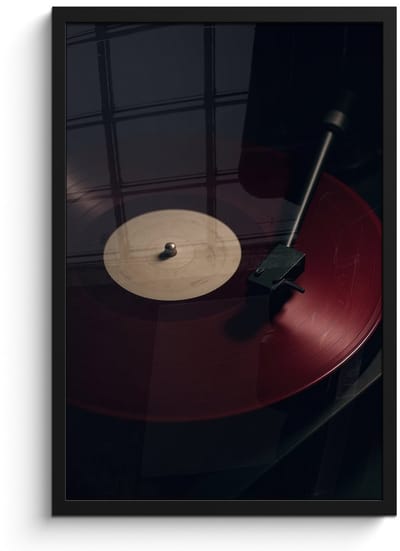 Poster in lijst - Fotolijst 40x60 cm - Posters - Vinylplaat - Rood - Platenspeler - Naald - Posterlijst zwart - Decoratie - Wanddecoratie woonkamer - Muurdecoratie slaapkamer