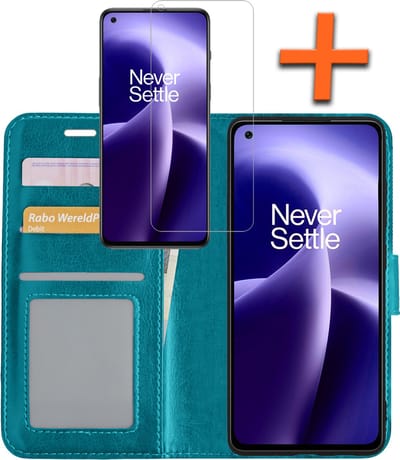 Hoes - Met Screenprotector - Geschikt voor OnePlus Nord 2T - Luxe Pasjeshouder - Bookcase Portemonee - Flip Case - Kunstleer Book Case - Flipcase - Book Cover - Walletcase - PortemonneeHoes - Turquoise