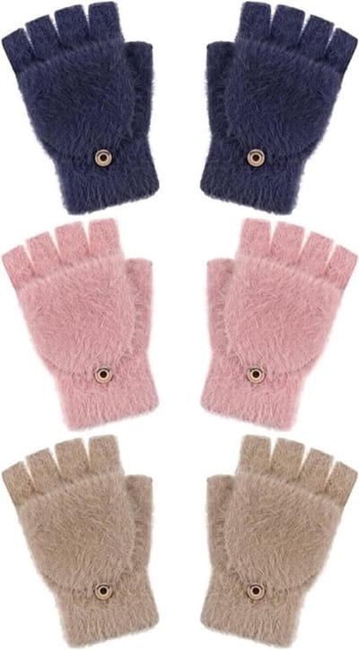 3-Pack Vingerloze Handschoenen voor Dames - Warme Omkeerbare Fleece Wanten voor Meisjes en Tieners, Geschikt voor 1-4 Jaar, Teal, Khaki, Rood