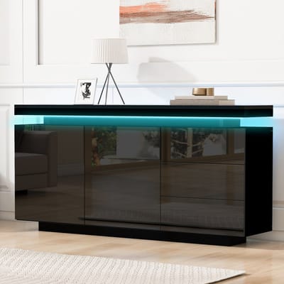 Sweiko Dressoir - Hoogglans - 3 lades - LED-verlichting - Halmeubel - TV-meubel - Zwart