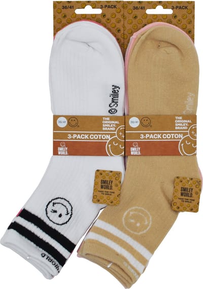SMILEY-DAMES SHORTSOCK- 6 PAAR- SHORTSOCK FANTASIE SMILEY-36/41 ASSORTIMENT KLEUREN