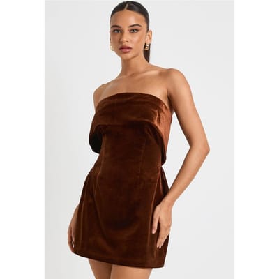 boohoo Dames Fluweel Bardot Crepe Jurk | Chocolate | Maat: 8