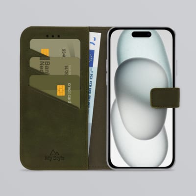 My Style Telefoonhoesje geschikt voor Apple iPhone 13 Hoesje | My Style Flex Wallet Bookcase Portemonnee | Pasjeshouder voor 3 Pasjes | Telefoonhoesje voor Pinpas / OV Kaart / Rijbewijs - Forest Green | Groen