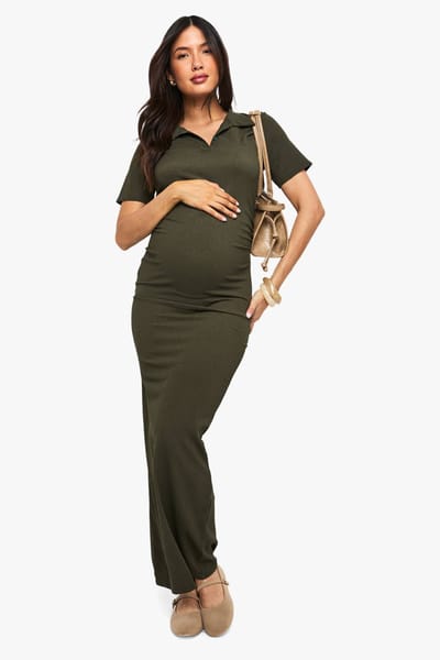 boohoo Dames Zwangerschapsjurk maxi met textuur en knoopdetail | Kaki | Maat: 38