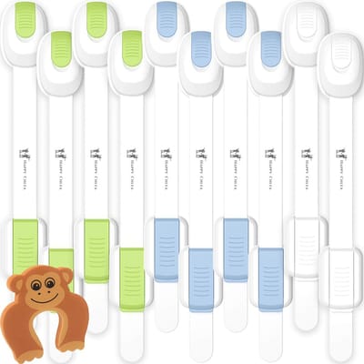 Kindersluiting Set - 10 Veiligheidssloten voor Kasten, Lades en Toiletten - Inclusief Nieuwe Kleefgel en 'Click Clack' Technologie - Verstelbare Bandsluitingen - Gratis Zachte Deursloten