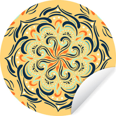WallCircle® - Behangcirkel 80x80 cm - Muurstickers Bloem - Bladeren - Geel - Patronen - Muurcirkel woonkamer - Wandcirkel slaapkamer - Kamer decoratie zelfklevend - Muurdecoratie accessoires