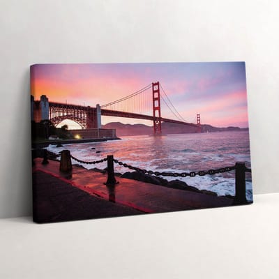 Wallfluent Foto Op Canvas Uitzicht op de Golden Gate Bridge - 30 x 20 cm - Roze Canvas Schilderij - Fotografie Foto Canvas - Natuur Schilderij Op Doek - Fotografie Schilderij Op Canvas