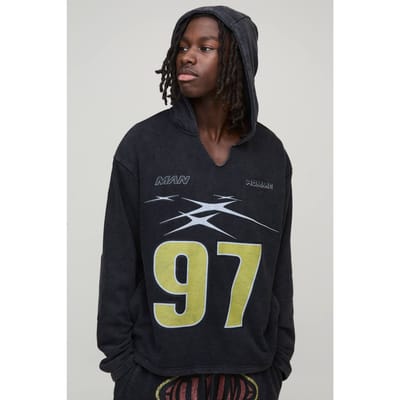 Oversized Boxy Versleten Gescheurde Nek Hoodie | Black | Size XS