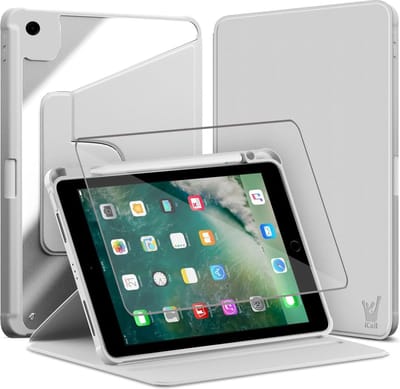 Hoes met Screenprotector geschikt voor iPad 9.7 inch 2018-2017 / iPad Air 1 & Air 2 - Book Case Premium Sleep Cover Kunstleer 360 Graden Draaibaar met Auto/Wake Functie en Pencilhouder - Grijs