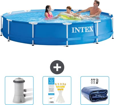 Intex Rond Frame Zwembad - 366 x 76 cm - Blauw - Inclusief Zwembadfilterpomp - Testrips - Solarzeil