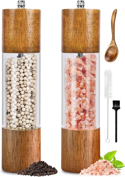 KZQ 2 Pack Zout en Peper Molen Set, Premium Zout en Peper Molens - Handmatige Eiken Houten Shakers met Was Afwerking en Verstelbare Keramische Kern - 8 Inches - Inclusief Houten Lepel, Staalborstel en Zwarte Borstel