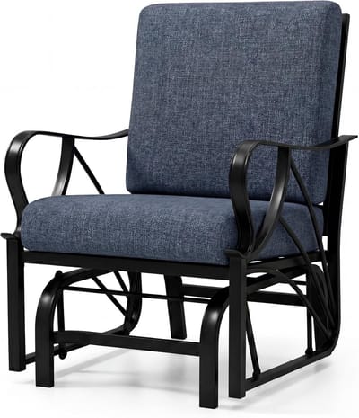 Patio Glider – Buitenstoel met afneembaar kussen – Stevig metalen frame, gebogen armleuningen – Schommelstoelen voor op de veranda, tuinmeubilair voor tuin, erf en gazon – Blauw
