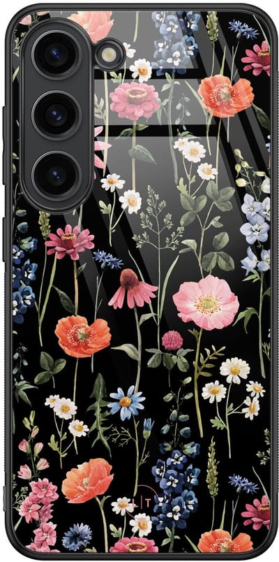 Hoesje geschikt voor Samsung Galaxy S23 - Dark flowers - Luxe Glazen Hardcase - Bloemen - Multi