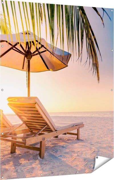 Gards Tuinposter Tropisch Strand tijdens Zonsondergang - 120x160 cm - Tuindoek - Tuindecoratie - Wanddecoratie buiten - Tuinschilderij
