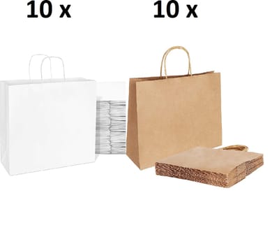 20 papieren draagtassen Van Witte en bruine Kraftpapier Met Gevlochten Oren 26x17x25cmcm Kraft Papieren Tasjes Met Handvat/ Cadeautasjes met gedraaid handgrepen / Zakjes/