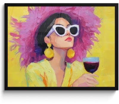 Poster in lijst - Fotolijst 80x60 cm - Posters - Vrouw - Hoed - Paars - Wijn - Posterlijst zwart - Decoratie - Wanddecoratie woonkamer - Muurdecoratie slaapkamer