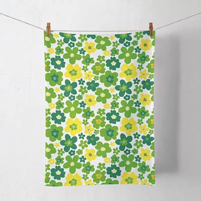 Ambiente Theedoek Flower Power Green – 100% Katoen – 50x70 cm – Set van 2 – Keukendoek met Retro Bloemenprint – Groen