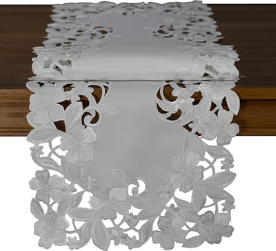 Tafelloper -Champagne met geborduurde bloemen - 40 x 140 cm