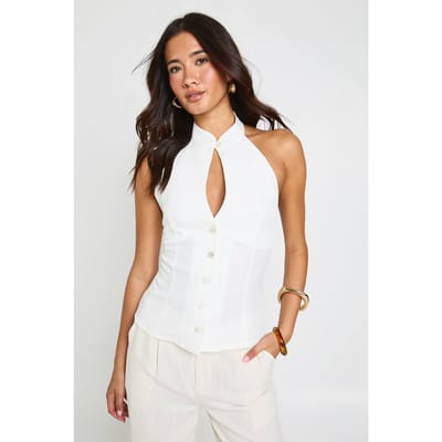 boohoo Dames Gilet Met Halternek, Knoopsluiting En Sleutelgat Detail | White | Maat: 8