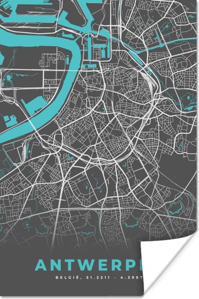 Poster Stadskaart – Grijs - Kaart – Antwerpen – België – Plattegrond - 120x180 cm XXL