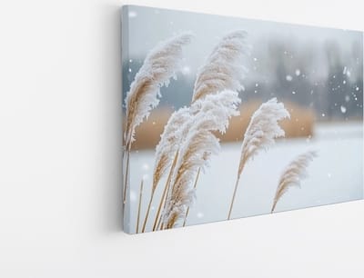 Saammp Canvas Schilderij - Winterse Rietpluimen in de Sneeuw - Natuur - Landschap - 45x30 - Foto op canvas - Wanddecoratie - Muurdecoratie Woonkamer - Kantoor Decoratie