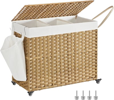 SONGMICS - Wasmand - Wasmand met Deksel - 3 Compartimenten - Met Wielen en Verwijderbare Waszak